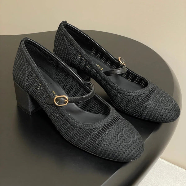 BALLERINES HAUTES MARY JANE 50 MM EN RAFIA NOIR
