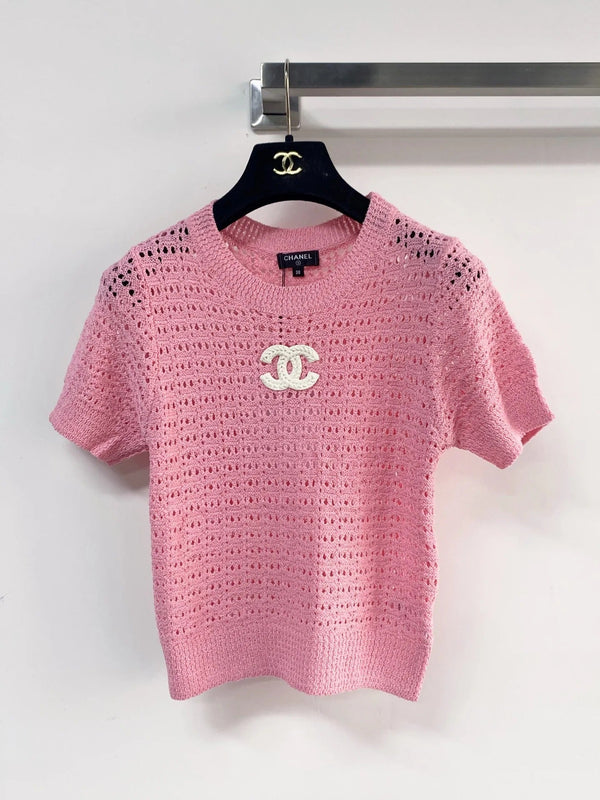 Chanel 2026 Chemise à manches courtes ajourée Rose Noir Blanc Laine Cachemire