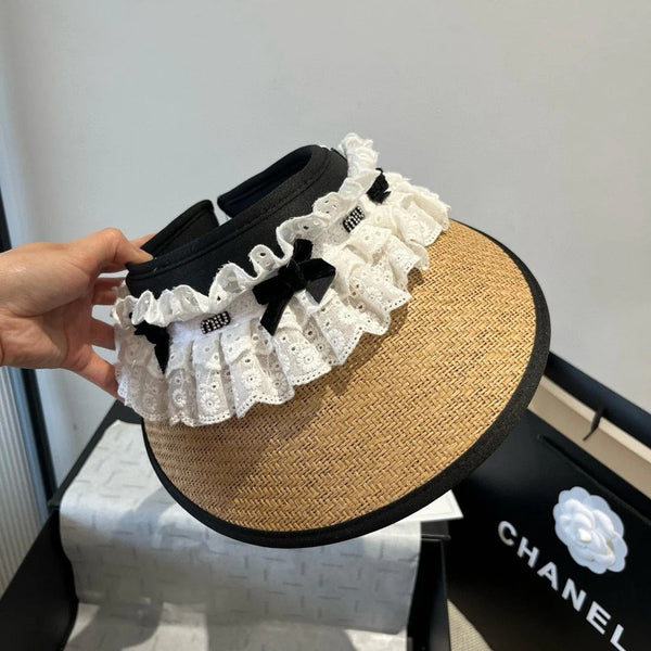 CAPPELLO DI PAGLIA APERTO MM IN TESSUTO CON OCCHIELLI BIANCO MIX BEIGE