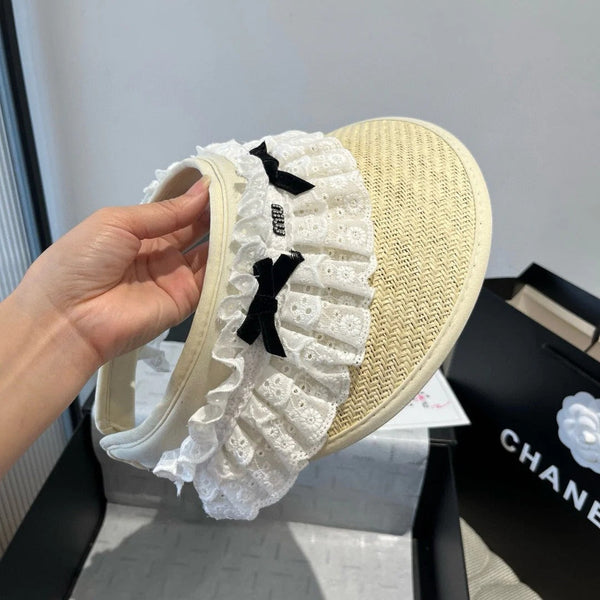 CAPPELLO DI PAGLIA APERTO MM IN TESSUTO CON OCCHIELLI BIANCO MIX BEIGE CHIARO