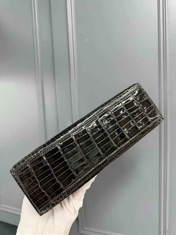 HM KELLY MINI 22 IN BROWN AMERICAN ALLIGATOR SILVER BUCKLE