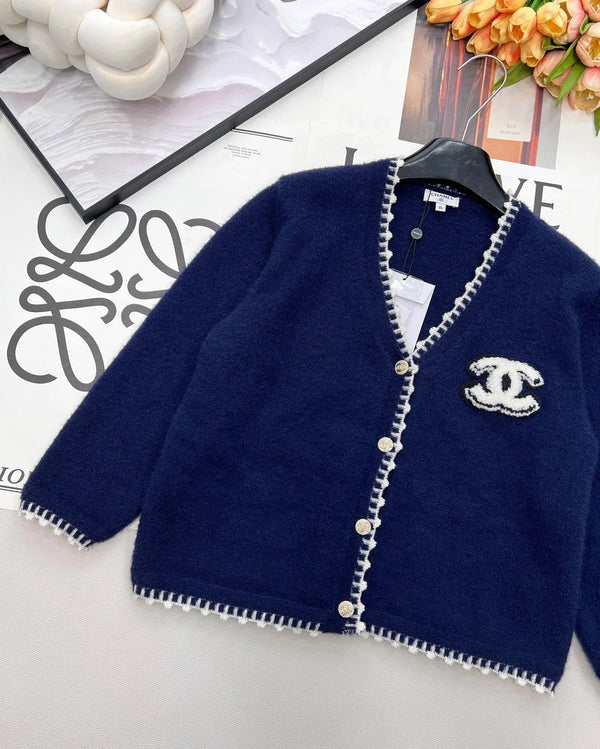 Cardigan en maille col V bleu marine laine cachemire CC 26 785160