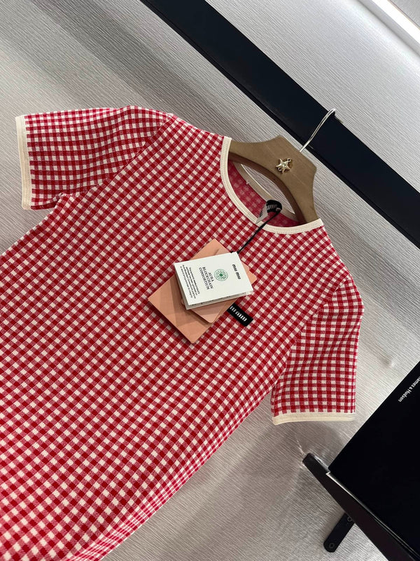 MIUMIU CHECKERED SHORTS AND ROUND-NECK TEE SET 274653