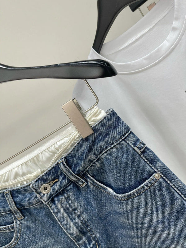 MIUMIU PATCHED DENIM SKIRT WITH LACE 275946