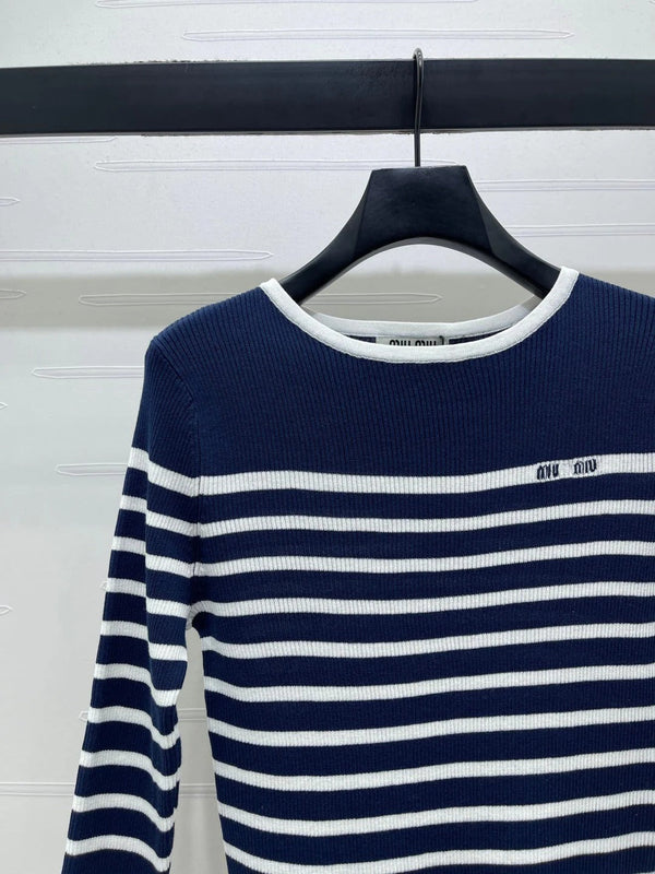 Miumiu 2026 Striped Crew Neck Knit Long Sleeve Wool