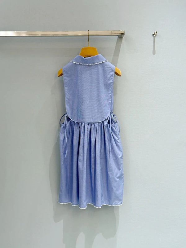 Robe sans manches à carreaux en coton bleu Miu Miu 2026