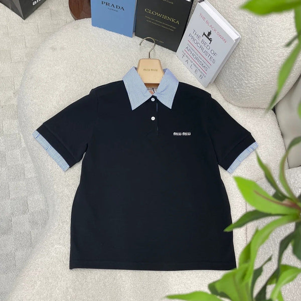 Polo Miumiu 2026 à rayures et patchwork en coton noir et bleu