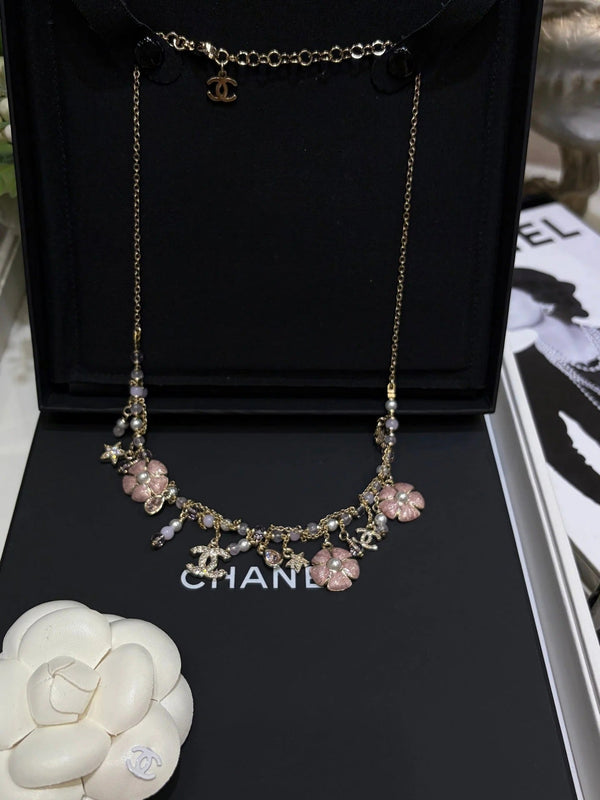 CC 2026 Light Gold Double C Pink Flower Pearl Tassel Necklace