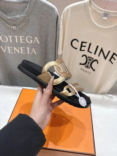 HM 26ss Sandals Black Gold Metallic Cowhide 641274