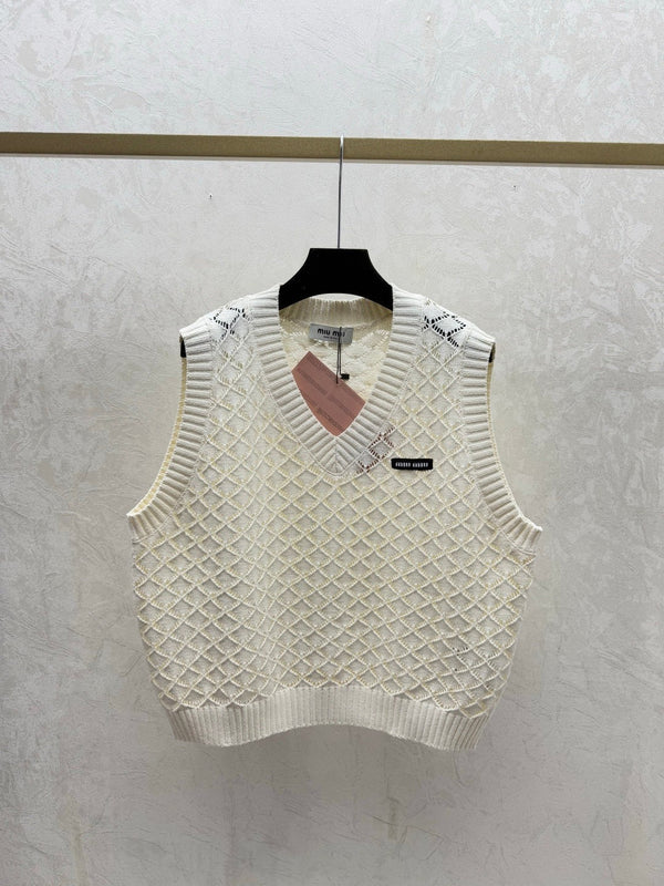 Miumiu 2026 Gilet en maille ajourée col rond Crème et violet Viscose Nylon