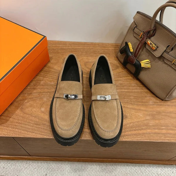 HM 26ss Loafers Beige Suede Sliver Buckle 638431
