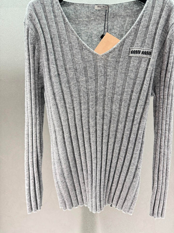 Miumiu 2026 V-neck Sweater Grey Wool Cashmere