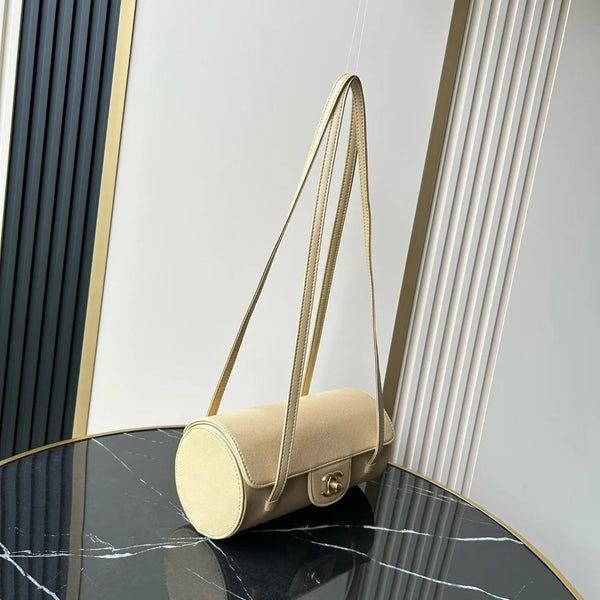 Chanel 2026 Bowling Ball Cylinder Bag 20.5cm Beige Caviar Leather 345493