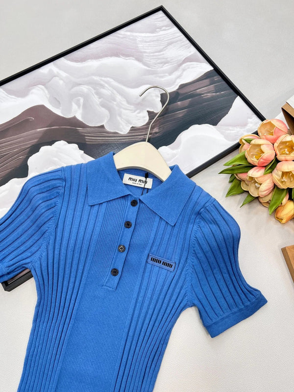 Miumiu 2026 Collared Logo Short-Sleeve Knit Top Blue Cotton