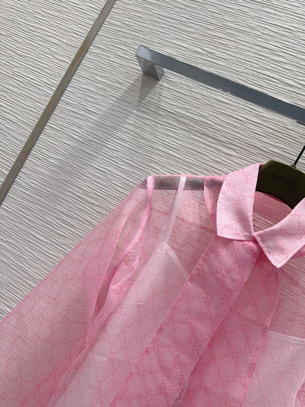 Gucci 2026 GG Tie-neck Printed Chiffon Shirt Pink Polyester 131877