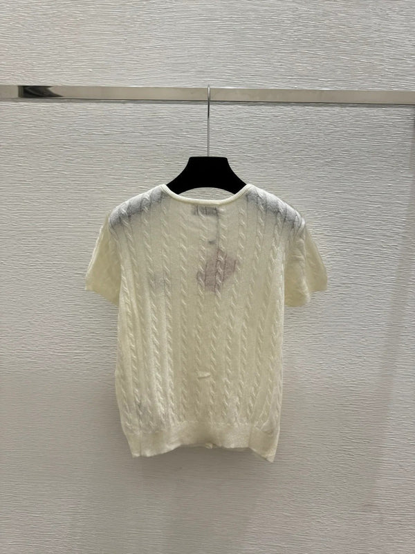 Miumiu 2026 Knit Short-sleeved Cardigan White and Blue Wool