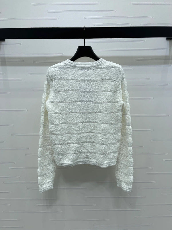 Cardigan Chanel 2026 en laine blanche à rayures et sequins, manches longues