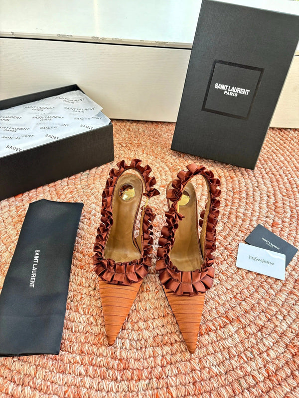 YSL 26ss Slingback Camel Brown Silk Leather 648841