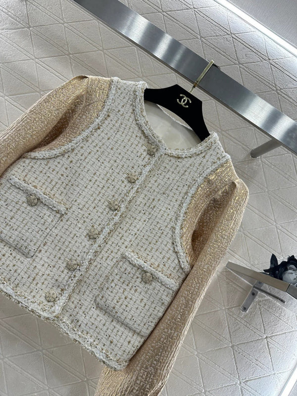 CC 26 Gilet Veste Patchwork Beige Blanc Laine Coton 331228