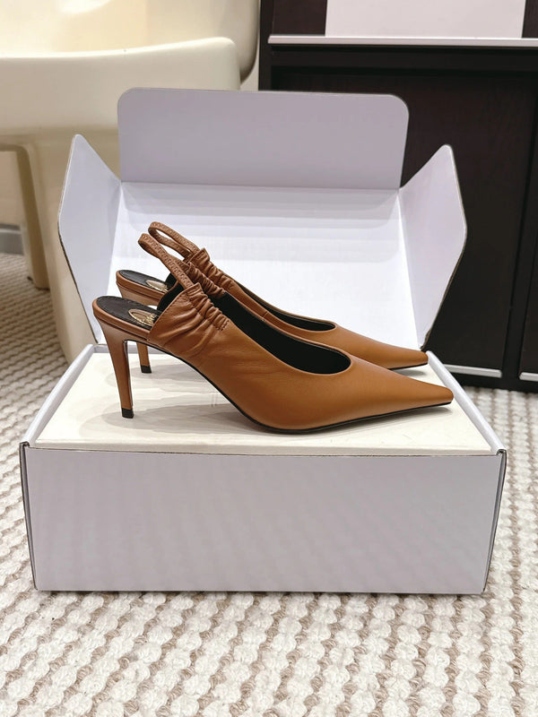 YSL 26ss Slingback 75 Camel Brown Sheepskin 654718
