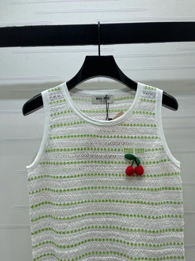 Miumiu 2026 Cherry-embroidered Knitted Sleeveless Crop Top Tencel Nylon