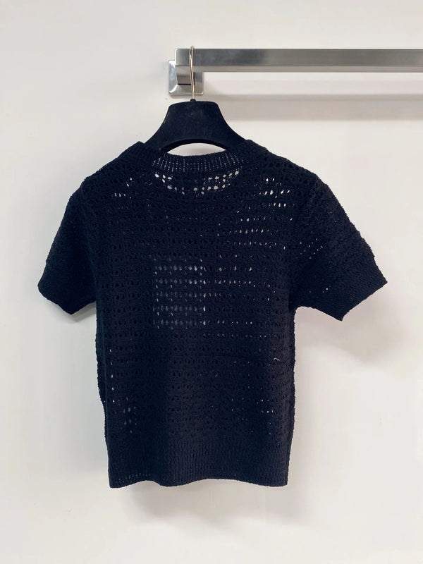 Chanel 2026 Chemise à manches courtes ajourée Rose Noir Blanc Laine Cachemire