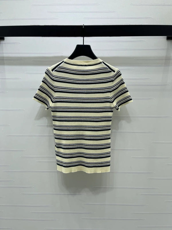 Haut à manches courtes en maille rayée Miumiu 2026 Laine Tencel Crème et Noir 356453