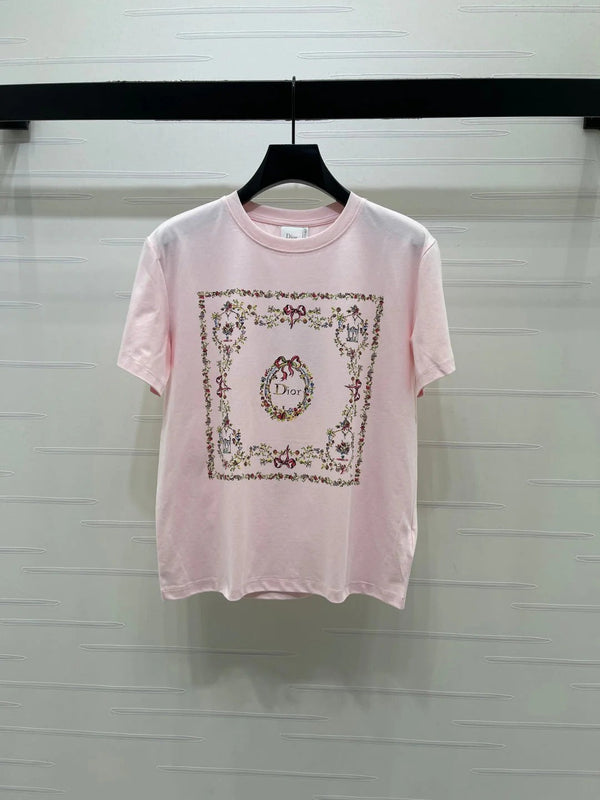 CD 2026 Square Floral Embroidery Short-Sleeve T-Shirt Cotton 385378