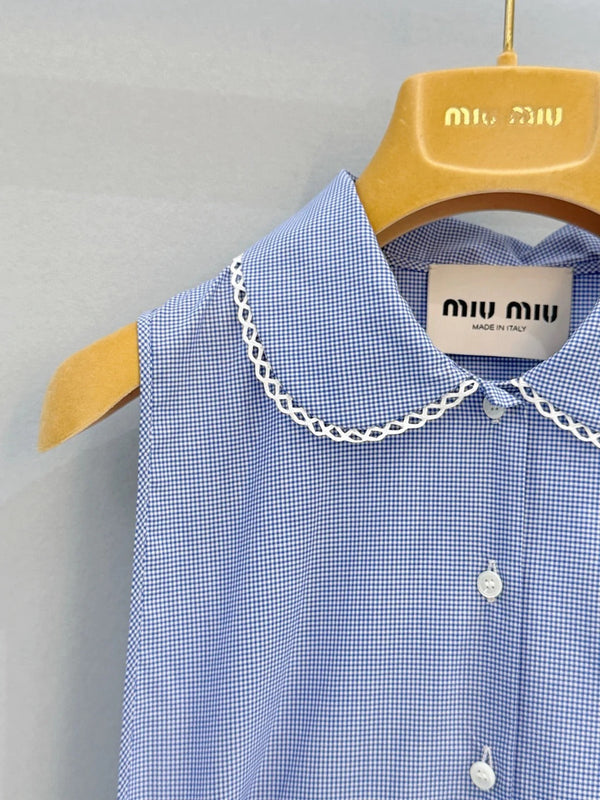 Robe sans manches à carreaux en coton bleu Miu Miu 2026