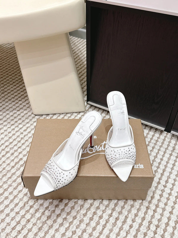 CL 26SS Mules à talons hauts 100 Blanc Mesh Strass Cuir 658052