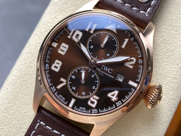 IWC Grande Montre d'Aviateur 46 mm Cadran Marron Boîtier Or Rose Bracelet Cuir