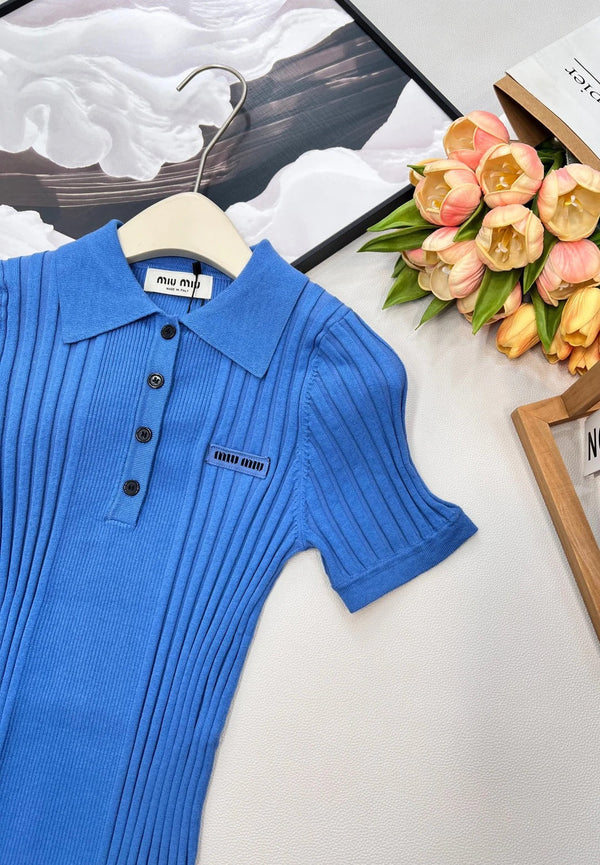 Miumiu 2026 Collared Logo Short-Sleeve Knit Top Blue Cotton
