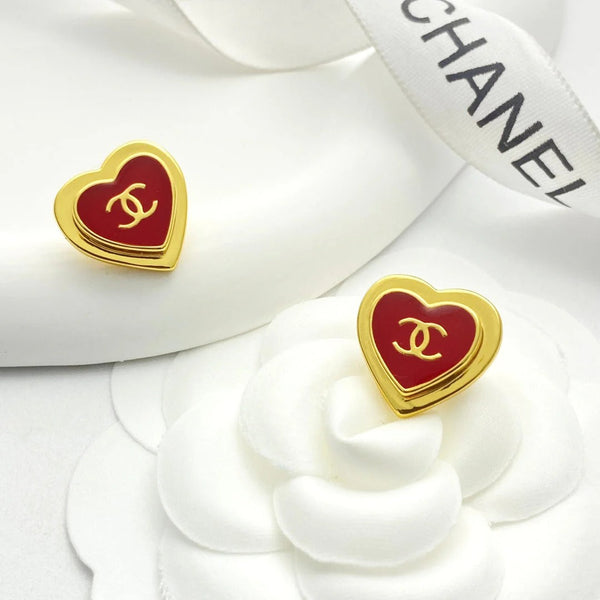 CC Black Enamel Gold Double C Heart Earrings