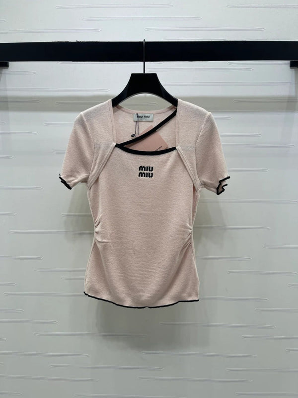 Miumiu 2026 Square Neck Knit Short-Sleeve Top Wool Cashmere 355575