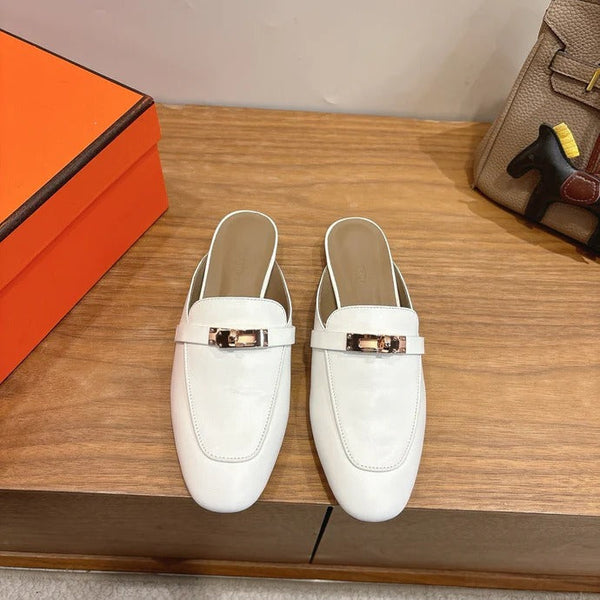 HM 26ss Mule Cuir de veau blanc Boucle dorée 638471