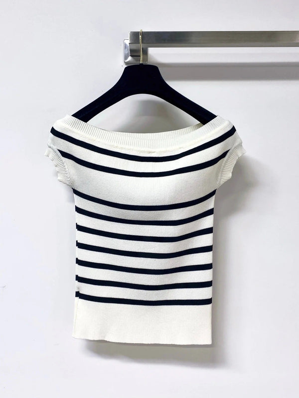CD 2026 Striped Off-Shoulder Knit Top White Black Wool 396617