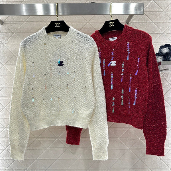 Pull ras du cou orné de sequins CC 26 crème rouge laine 331243