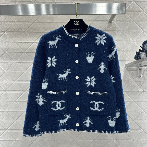 CC 26 Cardigan motif flocon de neige bleu mélangé laine blanche 329713