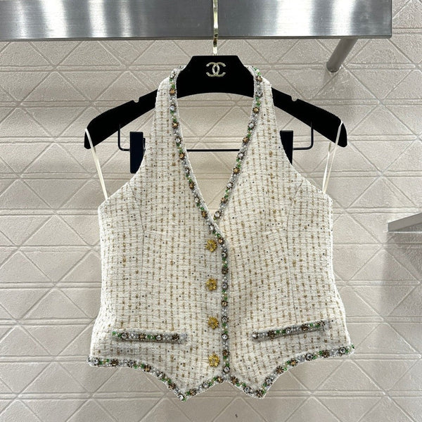 CC 26 Gilet à col bénitier orné de strass, en coton et laine crème 331227
