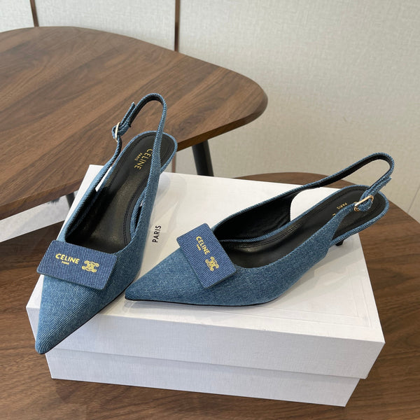 Celine 26 Pointed-Toe Slingback Blue Denim 624685