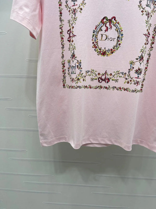 CD 2026 Square Floral Embroidery Short-Sleeve T-Shirt Cotton 385378