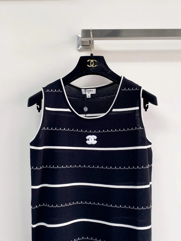 Chanel 2026 Black And White Striped Knit Tank Top Wool Cashmere