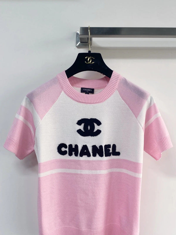 Chanel 2026 Chemise Manches Courtes Laine Cachemire Rose Noir Blanc