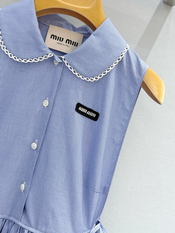 Robe sans manches à carreaux en coton bleu Miu Miu 2026