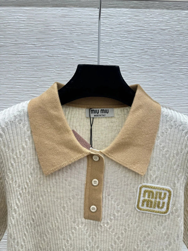 Polo en maille à manches courtes Miumiu 2026 en laine beige et grise