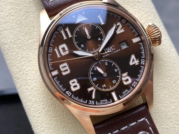 IWC Grande Montre d'Aviateur 46 mm Cadran Marron Boîtier Or Rose Bracelet Cuir