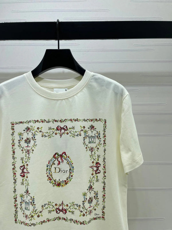 CD 2026 Square Floral Embroidery Short-Sleeve T-Shirt Cotton 385378