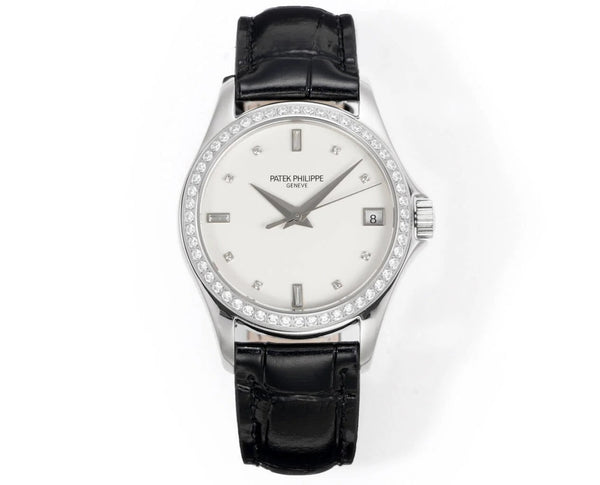 Patek Philippe Calatrava 37mm White Dial Black Leather Strap Watch