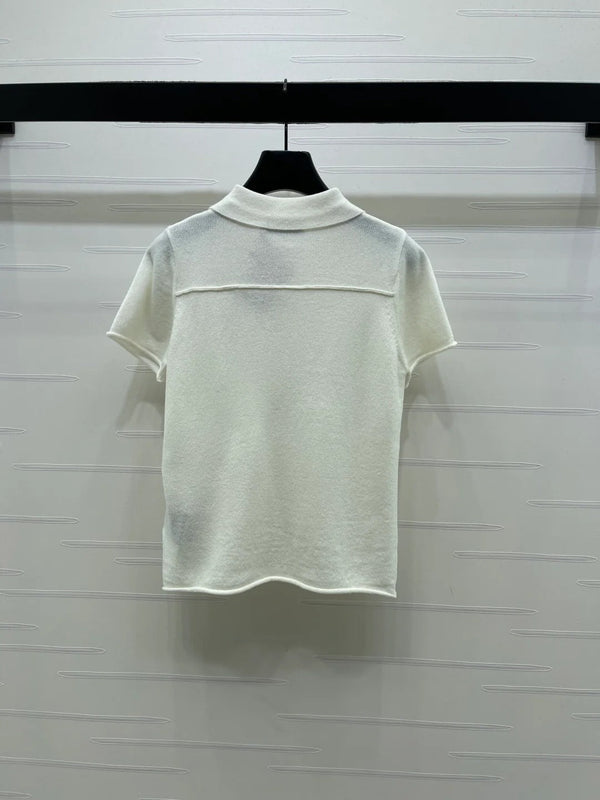 Pull à manches courtes en maille à col Miumiu 2026 en cachemire crème et gris