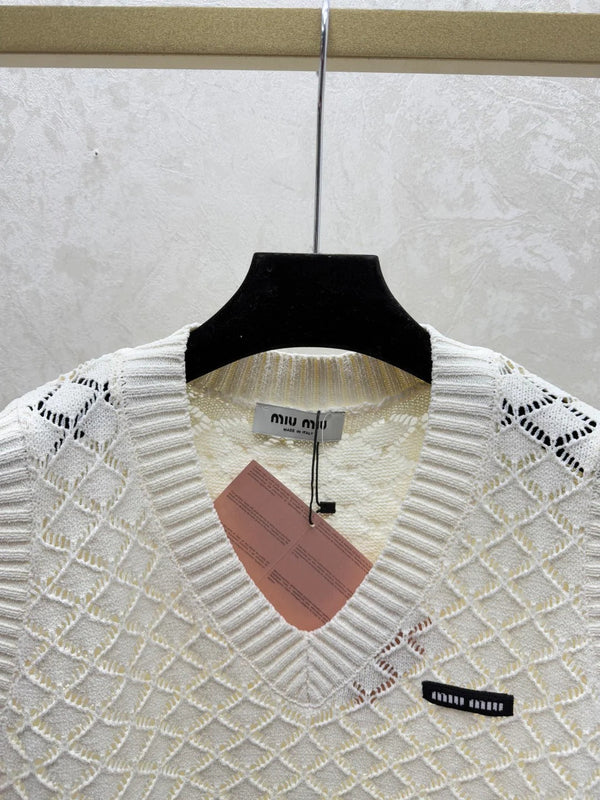 Miumiu 2026 Gilet en maille ajourée col rond Crème et violet Viscose Nylon